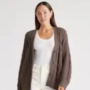 QUINCE 100% ORGANIC COTTON CABLE KNIT OVERSIZED CARDIGAN BROWN SMALL